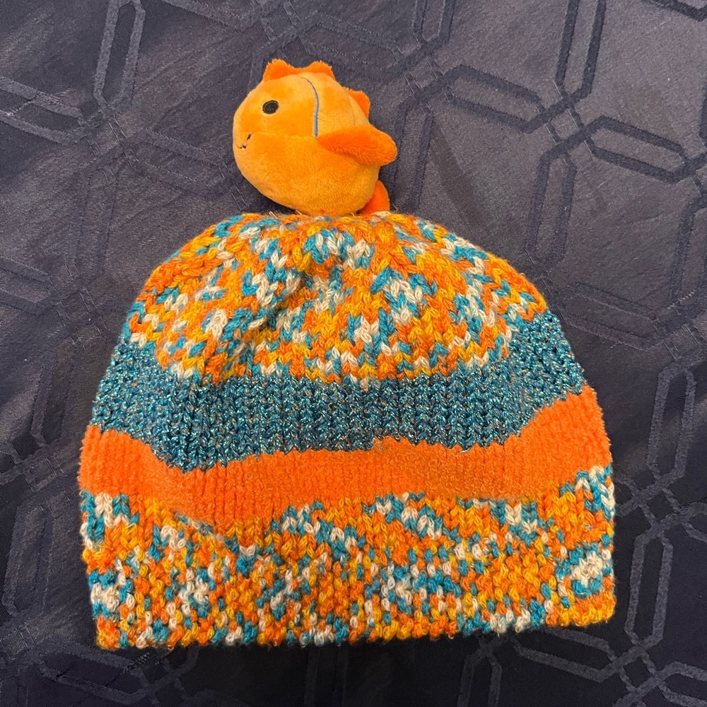 Hand Knitted child’s hat toque beanie with removable fish plushie
